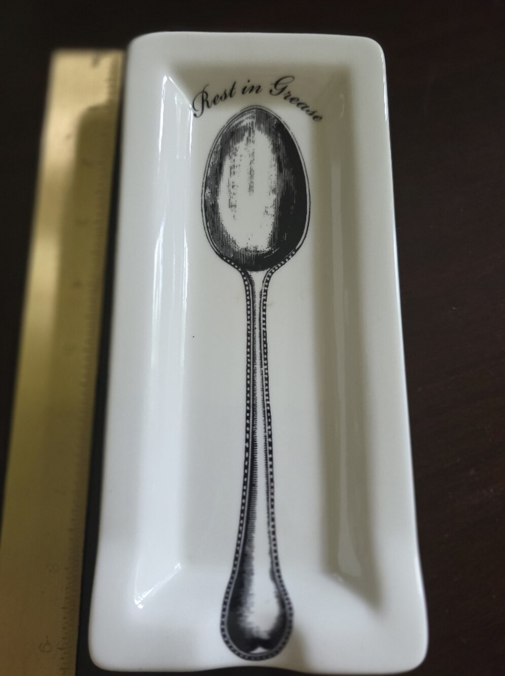 Fishs Eddy White Ceramic Spoon Rest with Black Spoon Illustration
